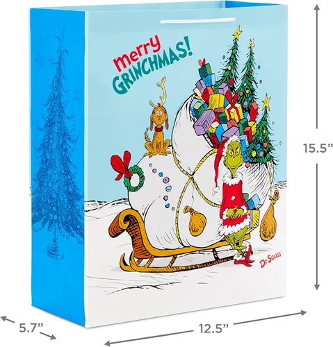 Miniatura 3 de Hallmark Bolsas de regalo de Navidad Grinch para niños (2 bolsas: 1 grande de 13 pulgadas, 1 extra grande de 15 pulgadas) Grinch con Max y trineo