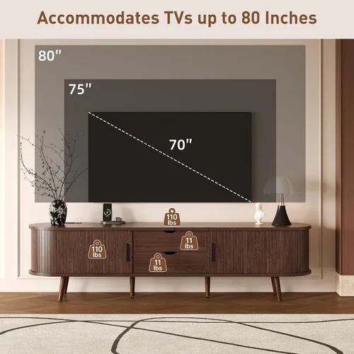 Miniatura 5 de Soporte de TV para TV de 80 pulgadas, centro de entretenimiento moderno de mediados de siglo con cajones de almacenamiento, puertas de tambor y toma