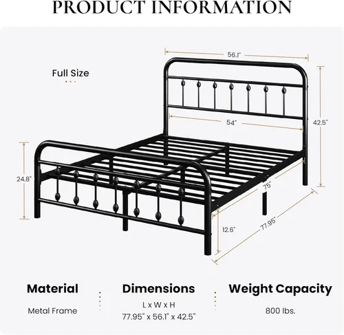 Miniatura 2 de SHA CERLIN Base de cama de plataforma de metal de tamaño matrimonial con cabecera y estribo de estilo victoriano, fácil montaje, almacenamiento Negro