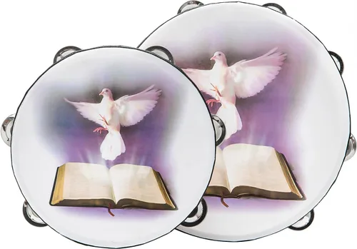 Miniatura 6 de Musfunny Pandereta de Cascabeles Dove Bible de Doble Fila de 8 Pulgadas para Adultos, Pandereta de Campana de Mano Tambor de Palmadas para Oración