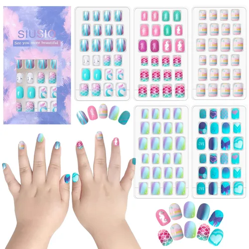 Miniatura 7 de 120 unidades de 5 uñas postizas acrílicas a presión para niños, lindo prepegamento de cubierta completa con purpurina, color degradado, arcoíris