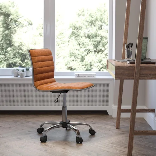 Miniatura 2 de Flash Furniture - Silla de oficina, vinilo marrón, estructura cromada, sin reposabrazos, asiento y respaldo acanalados, diseño de respaldo bajo