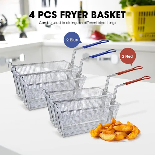 Miniatura 3 de Paquete de 4 cestas de acero inoxidable para freidora con asas antideslizantes, 13.25 x 6.5 x 6 pulgadas, cestas de papas fritas de grado comercial