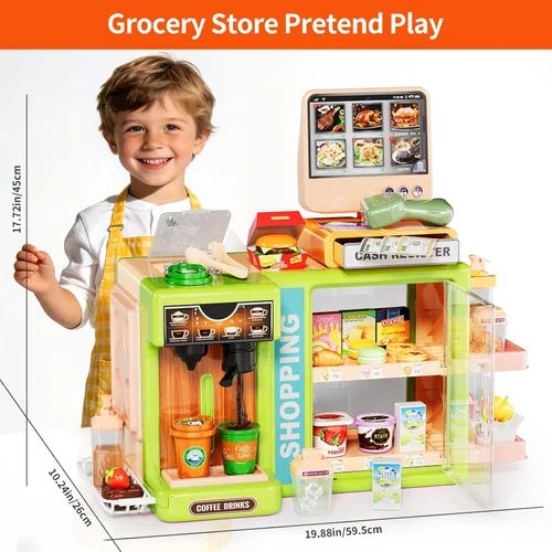 Miniatura 7 de Pupu Pig Play Food Store Juguetes para niños, tienda de comestibles de juego de simulación con caja registradora para niños con pedido de voz