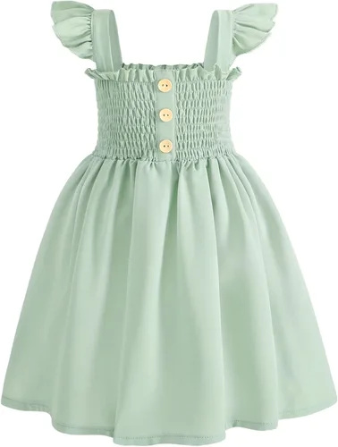 JEELLIGULAR Vestido para niña pequeña, con volantes, sin mangas, con botones, vestido de verano para playa, casual, acampanado, vestido de verano