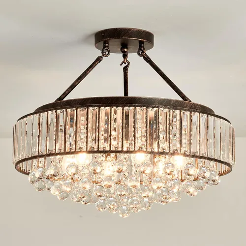 Miniatura 11 de YYJLX Lámpara de araña de cristal redonda grande moderna de 6 luces, cromada, de montaje semiempotrado, lámpara de techo E26 para comedor, sala
