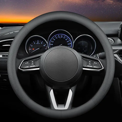 Miniatura 7 de Carodi Funda de cuero para volante de automóvil, elegante, moderna, cómoda, antideslizante, transpirable, universal de 15 pulgadas, color blanco
