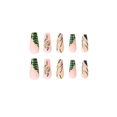 Miniatura 3 de Foccna Uñas postizas largas verdes con forma de ataúd a presión en serpiente, uñas postizas francesas brillantes para uso diario, uñas artificiales