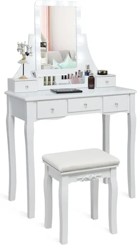 Miniatura 10 de LDAILY Juego de mesa de tocador con 10 luces LED, tocador de maquillaje con espejo cuadrado iluminado giratorio de 360°, taburete acolchado y 5