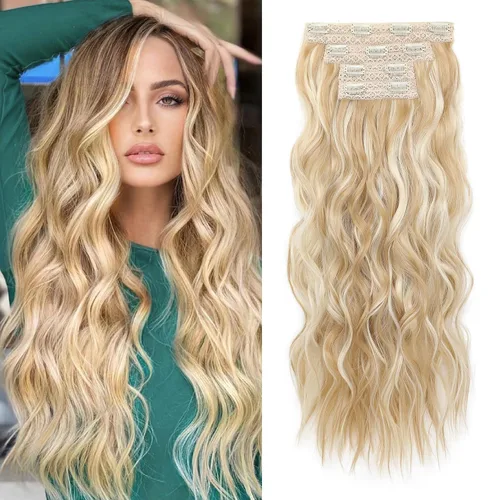 Miniatura 22 de REECHO Extensiones de cabello con pinza, 4 piezas de extensiones de cabello rubio de 24" de largo, ondas de playa gruesas, HE003, trama de encaje