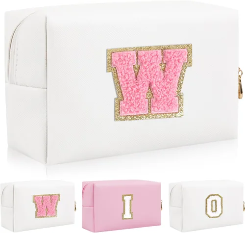 Miniatura 40 de Bolsa de maquillaje con parche de letra inicial personalizada, bolsa de cosméticos de chenilla preppy con letra de chenilla con cremallera, Y