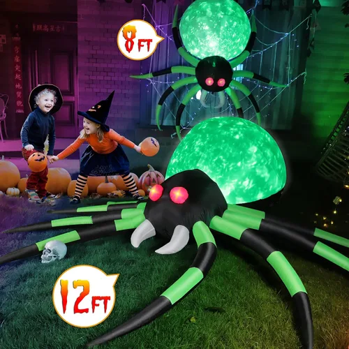Miniatura 4 de Araña inflable de Halloween de 12 pies, decoración al aire libre, araña gigante con luces de llama y ojos rojos brillantes, accesorios de araña