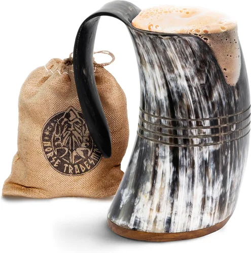 Miniatura 17 de Norse Tradesman LG Viking Cuerno para Beber - Jarra de Cuerno de Cerveza 100% Auténtica con Fondo de Madera Dura y Grabados de Anillos The