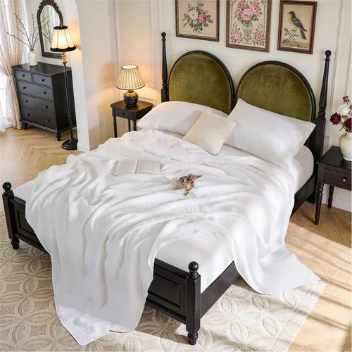 Miniatura 15 de SONORO KATE Sábanas de cama de lino francés 100% puro, tamaño Queen, sábanas de cama de lino transpirables y duraderas, antidesgarro, lavables a