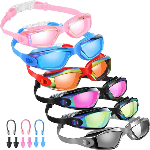 Flutesan Paquete de 6 gafas de natación para adultos, antiniebla, con tapones para los oídos, clip para la nariz, sin fugas, protección completa