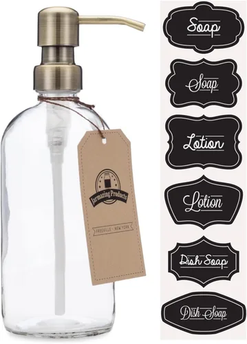 Miniatura 9 de Despachador de jabón y loción, jarra de vidrio transparente, pinta, con bomba de metal (color negro, bronce oscuro).