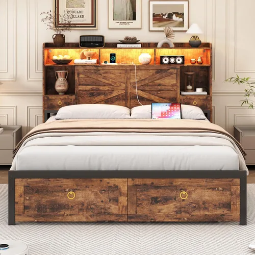 Miniatura 8 de TIGUBFRE Base de cama individual con cabecera de almacenamiento, marco de cama de madera de granja tamaño individual con 3 cajones, luz LED
