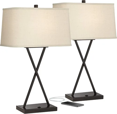 Miniatura 2 de Franklin Iron Works Megan - Juego de 2 lámparas de mesa modernas de 26.5 pulgadas de alto, con puerto de carga USB, LED, bronce, rectangular