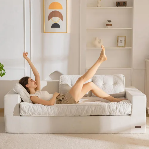 Miniatura 9 de MAXYOYO Sofá de 3 Plazas sin Estructura, Sofá Moderno Acolchado para Sala de Estar, Sillón Suave Tipo Puf de Espuma de Alta Densidad con Almohadas