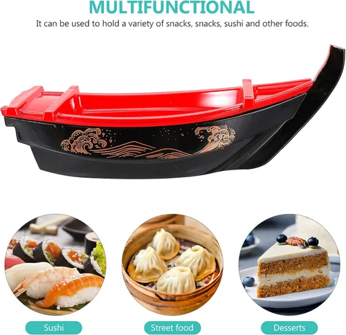 Miniatura 8 de Bandeja para servir sushi barco de 13.6 pulgadas, de plástico, estilo japonés, plato rectangular largo para platos de pescado Sashimi y presentación