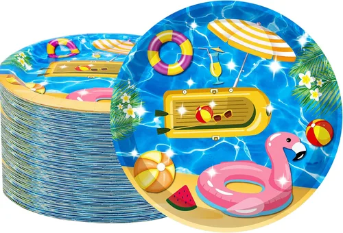 40 piezas de suministros para fiesta de playa, pelota de playa, piscina, platos de fiesta de verano de 7 pulgadas, platos de papel para piscina