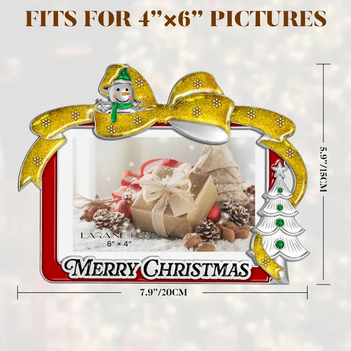 Miniatura 4 de LARAINE Marco de fotos de metal de 4 x 6 pulgadas, lazo de Navidad 2025, imágenes de alta definición para mesa, hogar, regalo decorativo