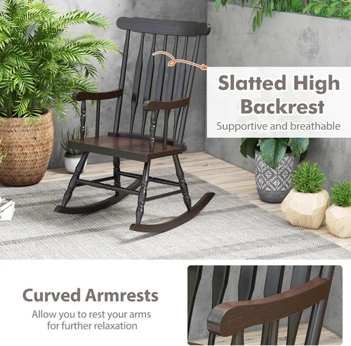 Miniatura 6 de Tangkula Mecedora para patio de madera de goma maciza, silla mecedora de porche al aire libre con marco de madera de goma, mecedora de madera