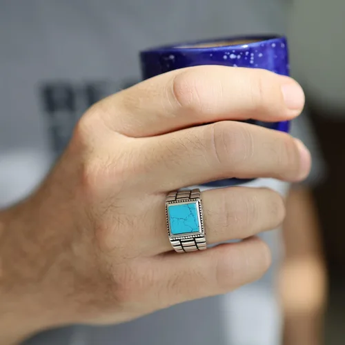 Miniatura 8 de Sterling Silver Rings for Men - Style Mens Sterling Silver Ring with Onyx or Turquoise Stone, Anillos Para Hombre