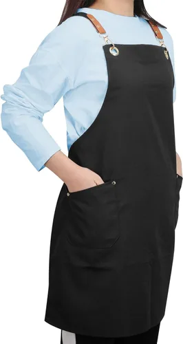 Delantales negros con espalda cruzada para mujeres y hombres, correas largas ajustables, bolsillos grandes, delantal impermeable de lona para