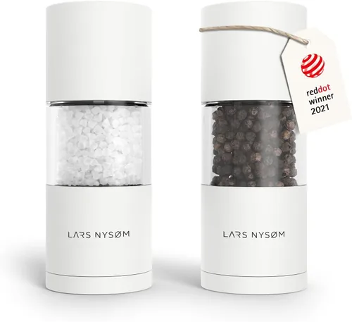 LARS NYSØM Juego de molinillo de sal y pimienta, molinos de sal y pimienta con molinillo de cerámica ajustable, 2 piezas, diseño manual para Blanco