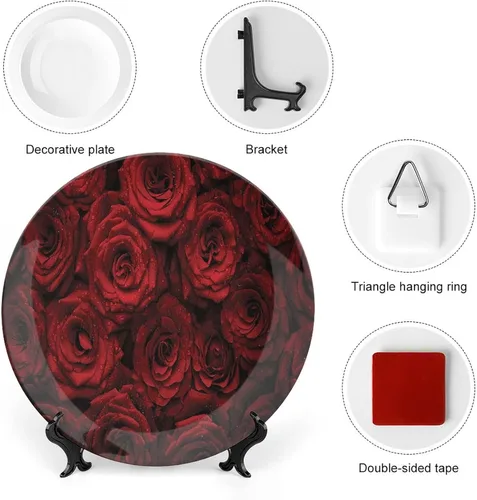 Miniatura 3 de Placa decorativa de 8 pulgadas, artesanía de cerámica roja oscura, rosas rojas con gotas de agua, placa de exhibición de cerámica para adornos Rojo
