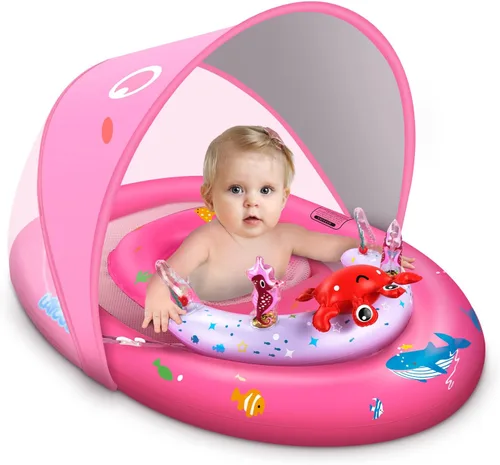 LAYCOL Baby Pool Float with Canopy UPF50+, 120°Adjustable Sun Protection and Anti-Tip Safety Seat, Inflatable Toddler Floaties Infant Pool Float Rosa
