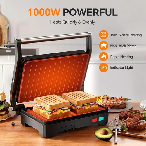Miniatura 2 de Panini - Parrilla de prensa, sandwichera de 1000 W con placas revestidas antiadherentes, abre 180 grados para cualquier tamaño de alimentos