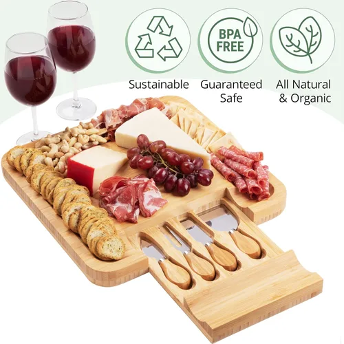 Miniatura 4 de Dynamic Gear. - Juego de tabla de quesos de bambú con juego de cuchillos en cajón deslizante que incluye 4 utensilios de acero inoxidable