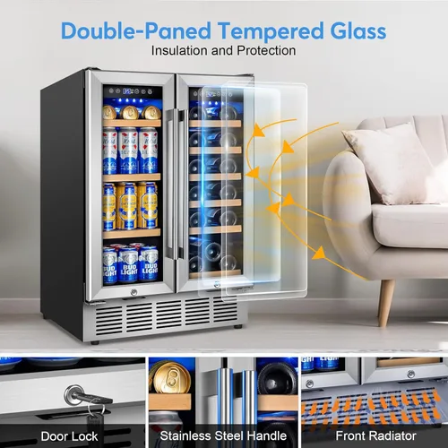Miniatura 4 de FoMup - Refrigerador de vino y bebidas con puerta de vidrio, refrigerador de vino de 24 pulgadas, doble zona debajo del mostrador - 18 botellas y 88