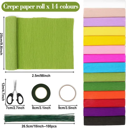 Miniatura 4 de Rollos de papel crepé de 14 colores, hojas de papel crepé de 9.8 x 98 pulgadas de ancho con 100 piezas de alambre de hierro floral verde, banda