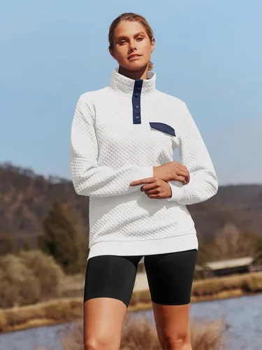 Miniatura 3 de MEROKEETY sudadera de manga larga con cuello en V y botones acolchados con retazos para mujer.