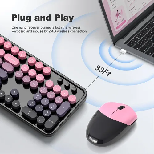 Miniatura 114 de KNOWSQT Combo de teclado y ratón inalámbrico, teclados lindos de tamaño completo estilo máquina de escribir 2.4G azul colorido - receptor USB Plug
