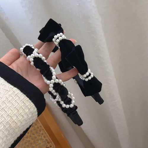 Miniatura 2 de Wiwpar Diadema de perlas para mujer, accesorios para el cabello, paquete de 2 (negro)