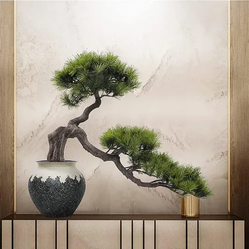 Miniatura 5 de UNNS Bonsái pequeño árbol artificial bonsái simulado maceta de pino de bienvenida, florero chino de silicona simulada, plantas verdes de piedras