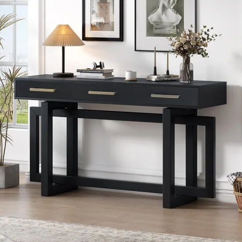 Miniatura 11 de Mesa de entrada de 59.1 pulgadas con chapa de pino, única mesa consola de diseño triple rectangular con patas gruesas de madera de pino, mesa