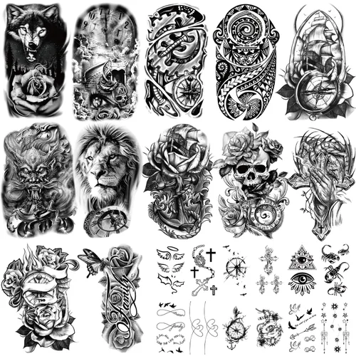 Miniatura 12 de 77 hojas de tatuajes temporales realistas en 3D para adultos y niños, calavera de araña, tigre, león, dragón, serpiente, tatuajes temporales