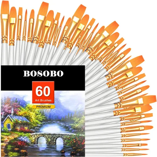 Miniatura 27 de BOSOBO Juego de 6 pinceles de pintura, 60 pinceles de punta redonda puntiaguda, pinceles de nailon para artistas del cabello acrílicos para aceite