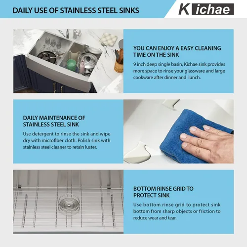 Miniatura 6 de Kichae 33 Farm Sink Double Bowl - Delantal de fregadero de granja de 33 pulgadas, delantal frontal de doble tazón, acero inoxidable 50/50, calibre