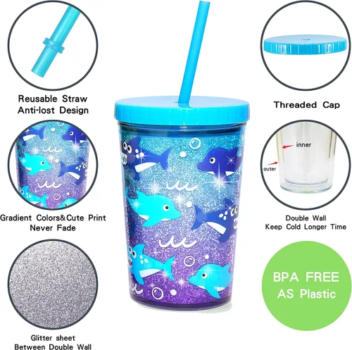 Miniatura 2 de Vaso de agua para niños de 14 onzas, paquete de 2 unidades, sin BPA, tapa con pajilla, reutilizable, ligero, a prueba de derrames, con bonito diseño