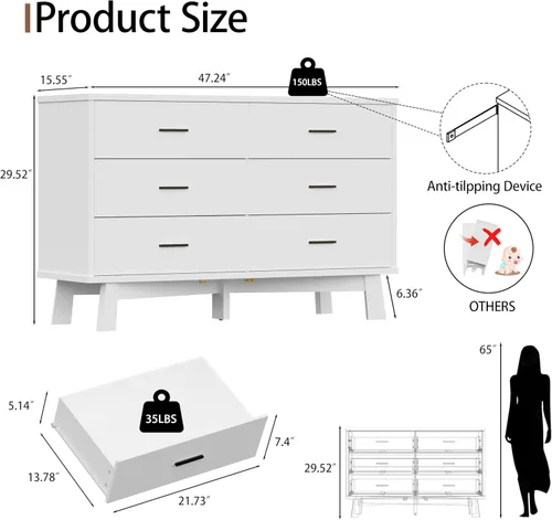 Miniatura 2 de Xixini Cómoda para dormitorio, cómoda moderna de 6 cajones con base resistente en forma de X, organizador de almacenamiento de ropa doble de madera