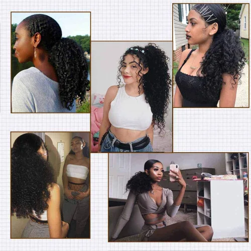Miniatura 6 de Extensiones de cabello humano Yaki Afro Kinky rizado cola de caballo con cordón, cabello humano de color natural con clip, cola de caballo rizado