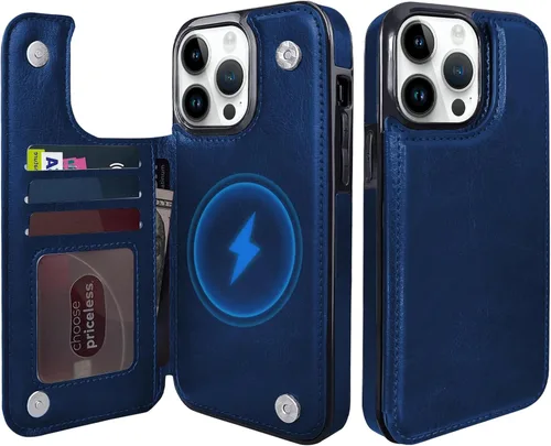 Miniatura 7 de Funda magnética tipo cartera con tapa para iPhone 14Pro Max de 6.7 pulgadas, compatible con MagSafe, soporte de cuero con soporte para tarjetas