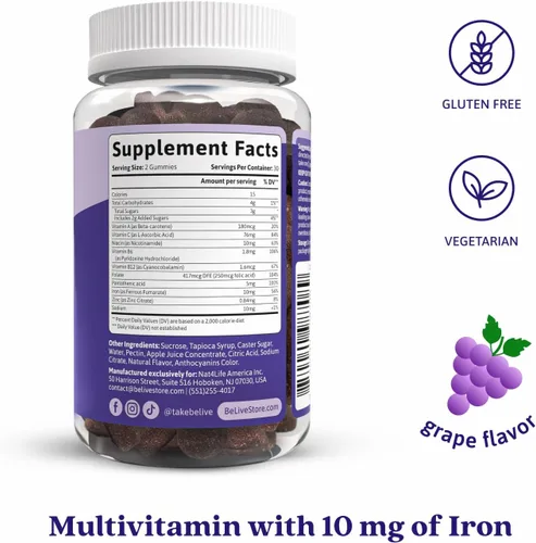 Miniatura 2 de BeLive Gomitas de hierro, suplemento multivitamínico de hierro con vitamina C, A, B y zinc, apoya el oxígeno en sangre, suplementos veganos