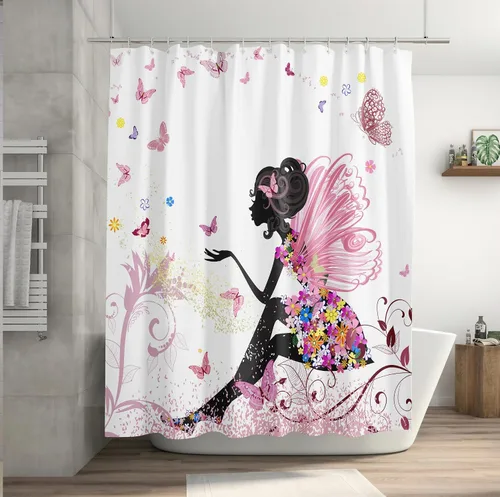Miniatura 2 de Juego de 4 cortinas de ducha con diseño de hada de flores y mariposas para baño, tapete de contorno para baño, cubierta de inodoro, tela